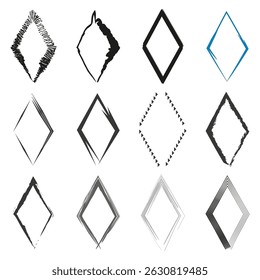 Losangos de tinta abstratos. Quadros de estilo de esboço. Formas com arestas nítidas. Preto e branco.