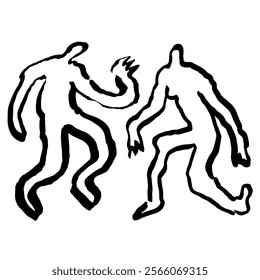 Abstract ink drawing of two dancing figures in a dynamic silhouette. The hand-drawn black lines on a white background highlight fluid movement and minimalist charm.