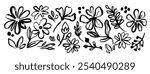 Abstract ink flower. Hand drawn brush floral silhouette. Sketch strokes natural forms. Black grunge paint flowers, leaves, blossom, branches. Botanical vector set.