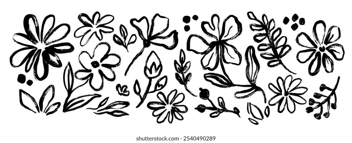 Abstract ink flower. Hand drawn brush floral silhouette. Sketch strokes natural forms. Black grunge paint flowers, leaves, blossom, branches. Botanical vector set.