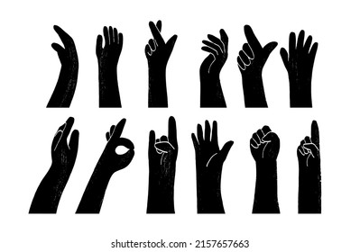 Abstract Ink hands poses. Hand holding and pointing gestures, fingers crossed, fist, peace and thumb up. Simple, flat design. Patterns and backgrounds. For poster, cover, banner.