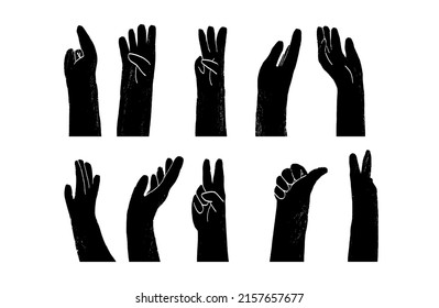 Abstract Ink hands poses. Hand holding and pointing gestures, fingers crossed, fist, peace and thumb up. Simple, flat design. Patterns and backgrounds. For poster, cover, banner.