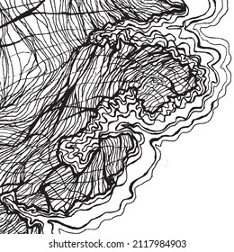 Abstrakte, handgezeichnete Ink-line-Kunst, handgezeichnet Landschaftsrahatgestein und Meereswellen, Vektorgrafik