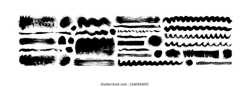 Abstract ink lines and wavy brush strokes. Vector grunge elements isolated on white background. Modern dirty texture banners, black spots, textured blots. Hand drawn black painted stripes.