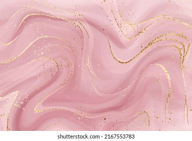 Abstract ink painting background print design with gold texture and glitter splatter.