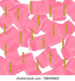 Abstract ink pink hand drawing brush strokes with gold glitter thin stripes background. Hand painted grange texture Ink elements. For posters, placards, banners, covers, card
