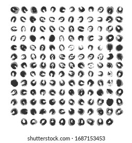 Abstract ink prints collection. Set of formless imprints, stains, splashes and spots. Black gray inky blots similar to viruses or bacteria. Pack of round shape silhouettes. EPS8 vector illustration.