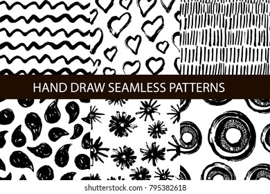 Abstract ink seamless patterns. Vector hand drawn textures. 