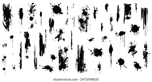 Abstract Ink Splatter, Drip, and Brush Stroke Texture Pack. Black Grunge Artistic Elements for Graphic Design, Digital Art, Backgrounds, Posters, and Creative Projects Vector