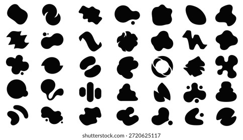 Abstract ink splatter shapes isolated on a clean white background. Versatile black and white vector textures for digital art and graphic design.
