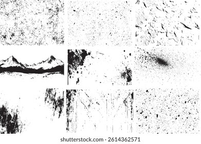 Abstract Ink Splatter Textures, Grunge Backgrounds, and Mountain Illustration for Creative Designs