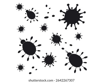 Abstract Ink Splatters and Bugs, Isolated Design, Vector Illustration of Pathogens and Viruses, ink splatters, ink blots, bugs, insect, abstract, black and white, silhouette, graphic design, art, patt