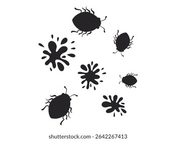 Abstract Ink Splatters and Bugs, Isolated Design, Vector Illustration of Pathogens and Viruses, ink splatters, ink blots, bugs, insect, abstract, black and white, silhouette, graphic design, art, patt