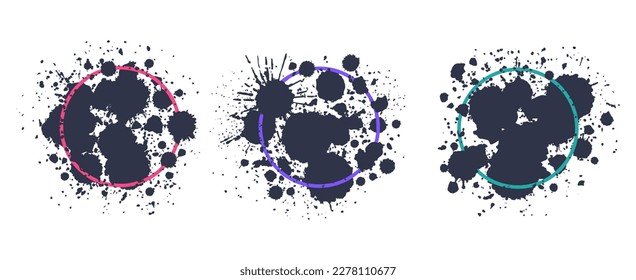Abstract ink splatters frames. Ink splash borders, black paint frame. Black ink grunge drops frame silhouettes flat vector illustration set