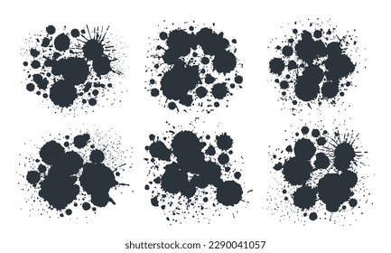 Anuncios de tinta abstractos. Gotas negras de pintura y salpicaduras, manchas de tinta gruesa. Dibujo desordenado desliza siluetas conjunto de ilustraciones vectoriales planas