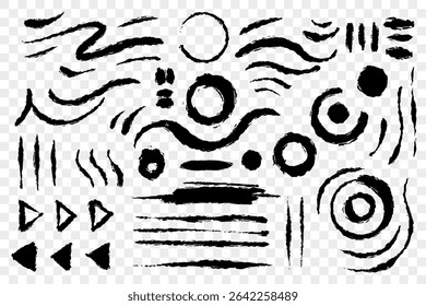 Abstract ink strokes and patterns featuring circles, lines, and swirls, evoking artistic creativity. Perfect for design backgrounds and artistic compositions with a modern and hand drawn feel.