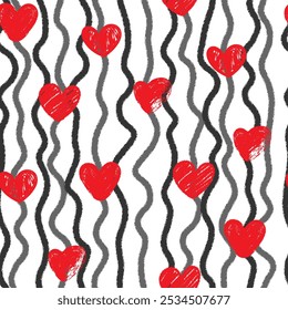 Abstract ink wavy lines and Hand drawn hearts seamless pattern. Romantic print for valentines day. Great for textile, fabric, wallpaper, wrapping, scrapbook and packaging