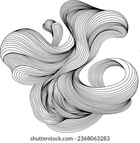 Las líneas onduladas de tinta abstracta se aíslan en blanco. Elemento de composición monocromo para el diseño. Forma de ilustración dibujada a mano.