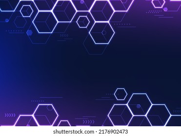 Abstract innovation technology background blue and purple neon lighting hexagon geometric pattern. Vector illustration