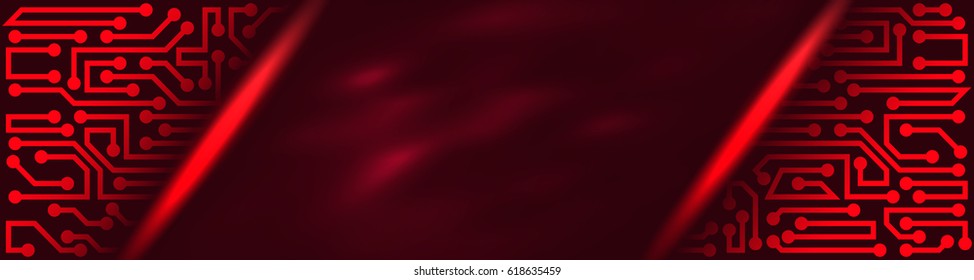 Abstract innovative technology banner in a modern style with circuit board elements of red shades