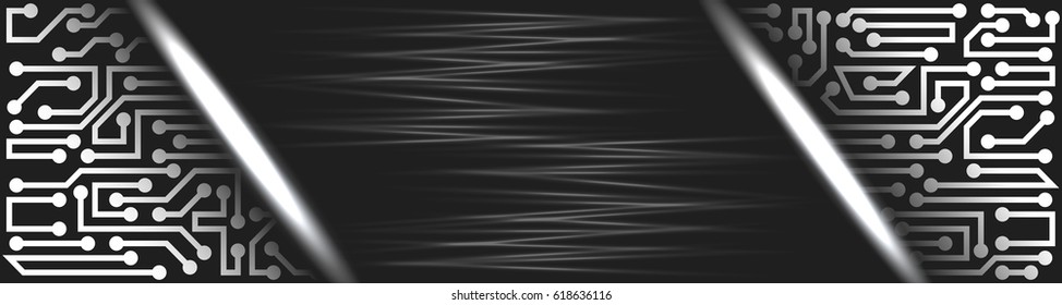Abstract innovative technology banner in a modern style with circuit board elements of black, grey, and white shades