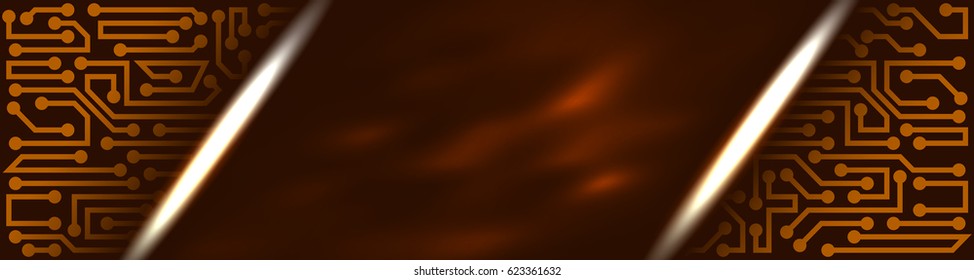 Abstract innovative technology banner in a modern style with circuit board elements of brown and orange shades
