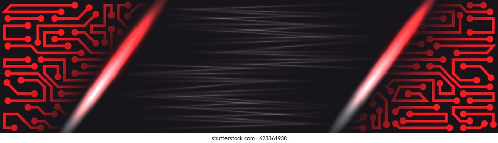 Abstract innovative technology banner in a modern style with circuit board elements of red, black, and grey shades