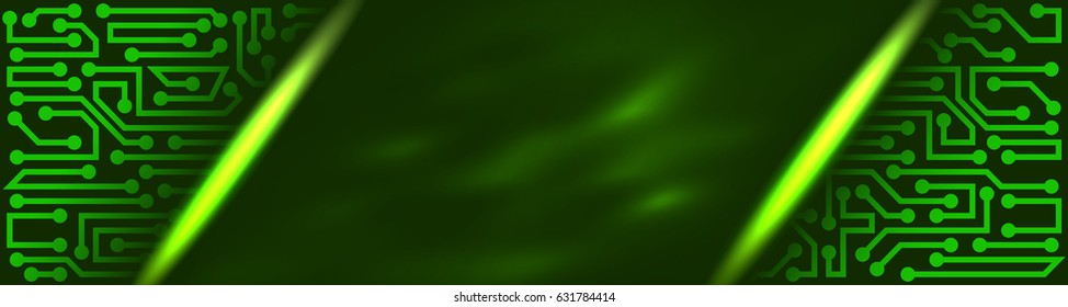 Abstract innovative technology banner in a modern style with circuit board elements of green shades