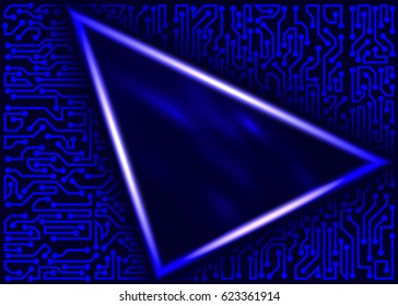 Abstract innovative technology triangular frame with circuit board elements of blue shades