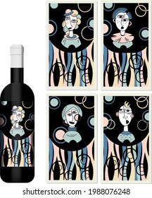 Abstrakte verrückte phsycedelische Gesichter Menschen Weinpaket Design-Produkt mit Hintergrund