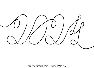Abstract Inscription 2024 in one solid continuous line. Design for greeting or invitation card.