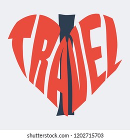An abstract inscription I love travel. The word  "travel" in the form of a heart. The letter "I" in the background. 
