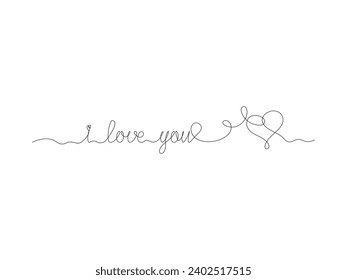 Abstract inscription I love you and  heart, continuous one line art hand drawing sketch