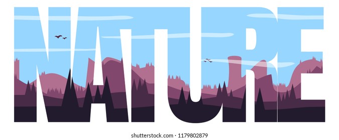 Abstract inscription "nature" on the background of the desert. Double exposure. Vector illustration with clipping mask