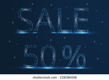 Abstract inscription sale 50 percent in the form of figures and lines, the starry sky. Polygonal image