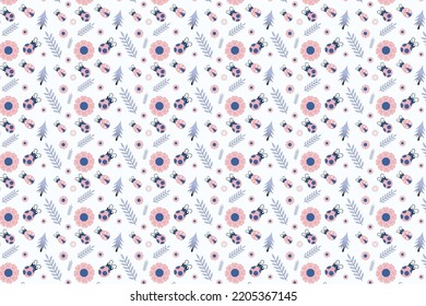 Abstract insects patten decoration with flower, ladybug, and pine leaves. Seamless tropical pattern vector on a white background. Minimal floral pattern design for gift cards, wallpapers, and clothing