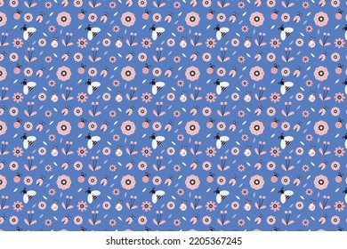 Abstract insects pattern vector on a blue background for book cover and gift cards. Seamless floral pattern decoration with bumble bee, lady bug, and flower icons. Minimal insects pattern design.