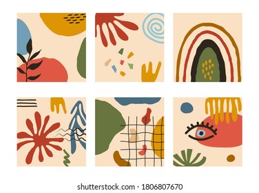 Abstract instagram background set. Doodle organic shapes trendy contemporary style, hand drawn geometric elements, vector collage