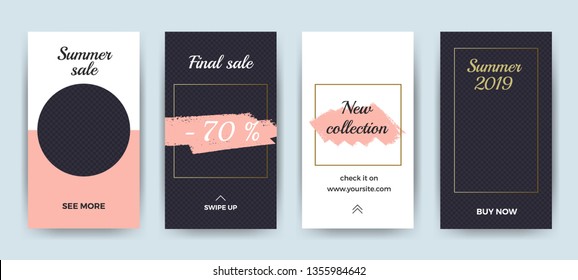 Abstract instagram social media stories. Modern gradient frames with golden overlays for sale banner, presentation, flyer, poster, invitation. Vector mockup for mobile app