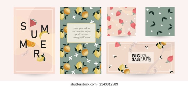 Abstract Instagram Social Media Story Post Template. Colorful Fun Summer Fruit Background Layout Mockup In Pink Yellow Green Color. Vector Design For Beauty, Fashion, Food, Festival, Spa Content