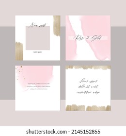 Abstract Instagram Social Media Story Post Template. Luxury Gold Pink Summer Background Layout For Beauty, Make Up, Fashion, Wedding. Suitable For Invitation Cover, Business Card, Special Offer Sale