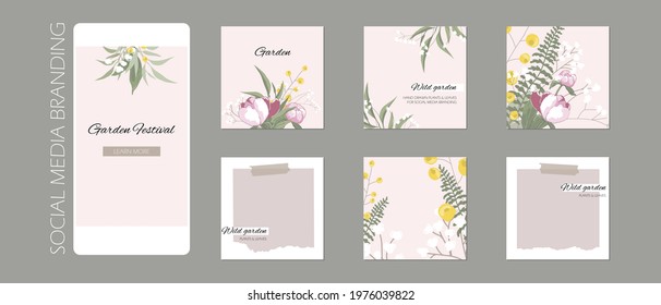 Abstract Instagram Story Post Feed Background, Web Banner Template With Copy Space. Green Floral Plant Spring Herb Layout Mock Up. For Beauty, Jewelry, Skin Care, Wedding, Make Up, Food, Restaurant