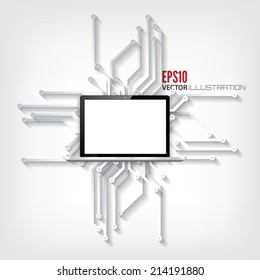 Abstract integrated circuit. Business background. Realistic detalized flat laptop.