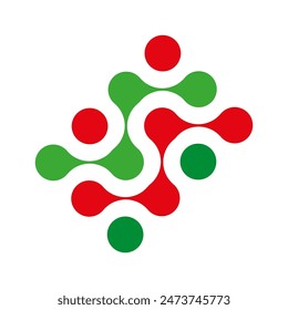 Abstract interconnected shapes. Red and green colors. Geometric pattern design. Modern vector illustration.