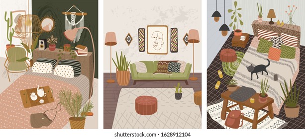 Abstract interior in the home soulful boho style. atmosphere of magic and tranquility. Vector graphics