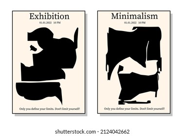 Abstract interior painting. Vector black and white shapes. Poster for the exhibition. Handmade. Vector illustration.