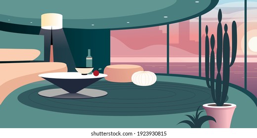 Abstract Interior in pastel shades of green with panoramic window. Vector mockup for background a layout landing page or design advertising banner or booklet. Contemporary architecture illustration.