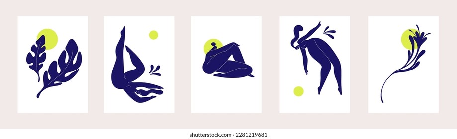 Abstract interior posters in Matisse style. Vertical wall arts with floating nude women body silhouettes, leaf. Modern contemporary vertical artworks, cards set. Trendy flat vector illustrations