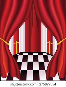 Abstract interior with red curtains, chess floor and columns.