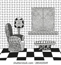 Abstract interior room in black and white colors. Hand-drawn illustration.
